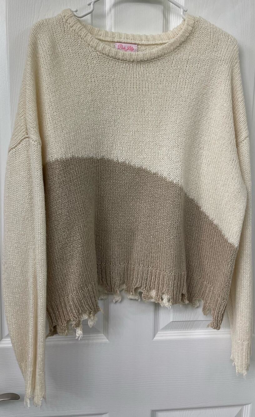 Pink Lily Colorblock Distressed Knit Sweater Medium Cream Taupe NWOT